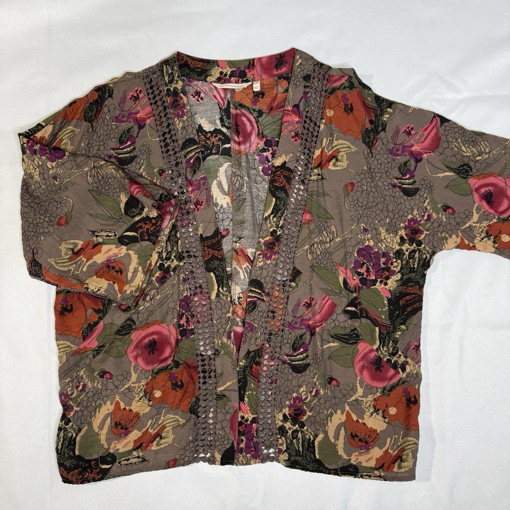 Soft Surroundings Women Floral Open Kimono Cardigan Crochet Lace Fall Boho Artsy